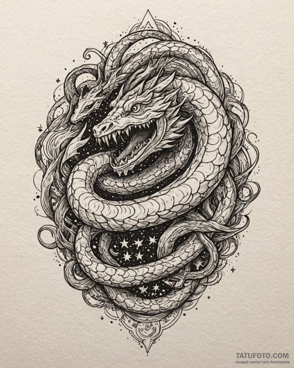 Lunar serpent devouring stars, tattoo sketch... - эскиз тату (№1753096744_0, 21.07.2025 11:19) — Tatufoto.com