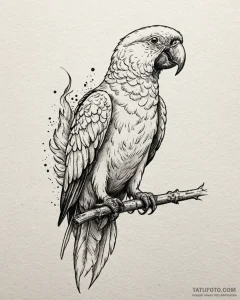 Parrot with plumage of fire and embers, tatto... - эскиз тату (№1753097408_0, 21.07.2025 11:30) — Tatufoto.com