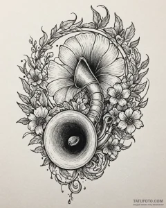 A gramophone with flowers growing out of the... - эскиз тату (№1753097741_0, 21.07.2025 11:35) — Tatufoto.com