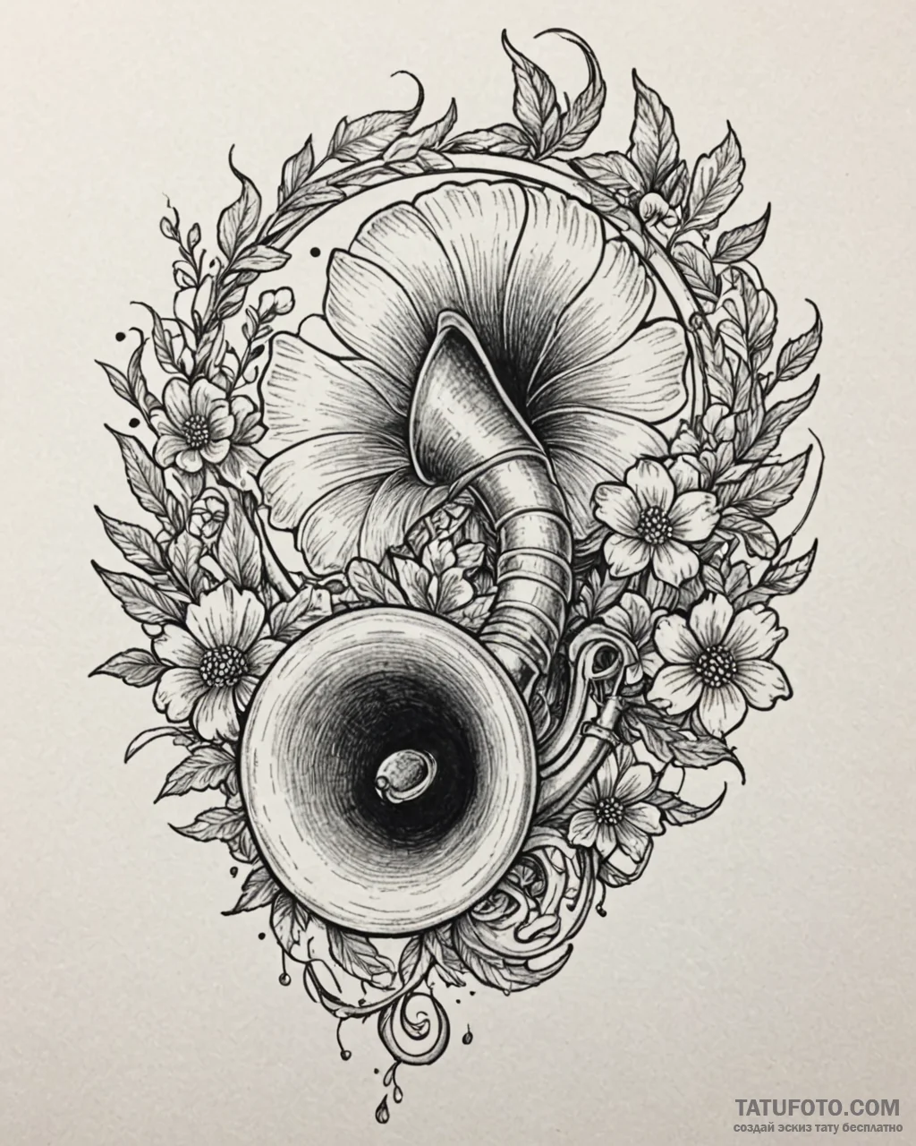 A gramophone with flowers growing out of the… — эскиз тату (№1753097741_0, 21.07.2025 11:35) — Tatufoto.com