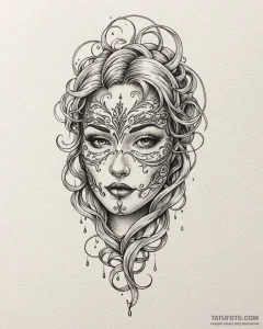 Engraved mask leaking shadows, ink illustrati... - эскиз тату (№1753098738_0, 21.07.2025 11:52) — Tatufoto.com