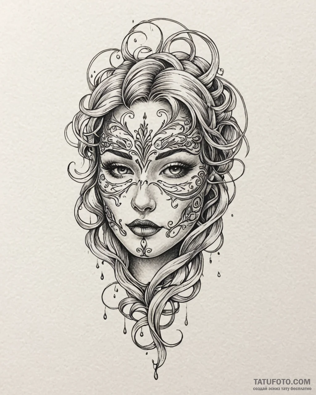 Engraved mask leaking shadows, ink illustrati… — эскиз тату (№1753098738_0, 21.07.2025 11:52) — Tatufoto.com