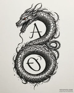Sapphire serpent devouring rune, tattoo line... - эскиз тату (№1753098904_0, 21.07.2025 11:55) — Tatufoto.com