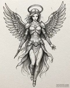 Armored angel with cracked halo, artistic tat... - эскиз тату (№1753099070_0, 21.07.2025 11:57) — Tatufoto.com