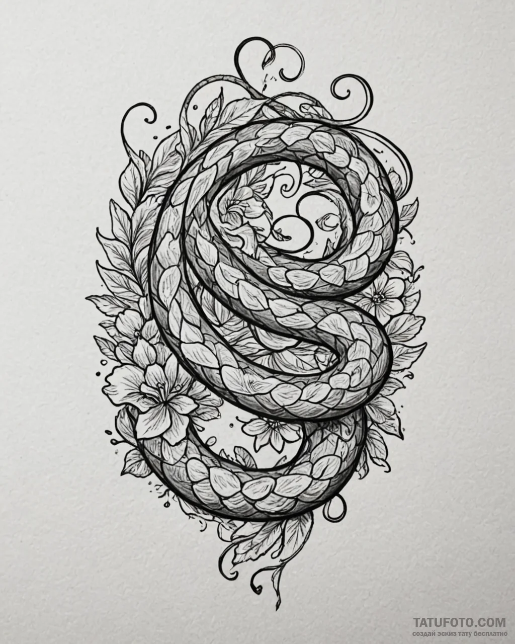 Nascent serpent coiled in bloom, artistic tat... - эскиз тату (№1753099153_0, 21.07.2025 11:59) — Tatufoto.com