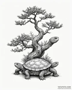 A bonsai tree growing on a turtle's back - эскиз тату (№1753099484_0, 21.07.2025 12:04) — Tatufoto.com
