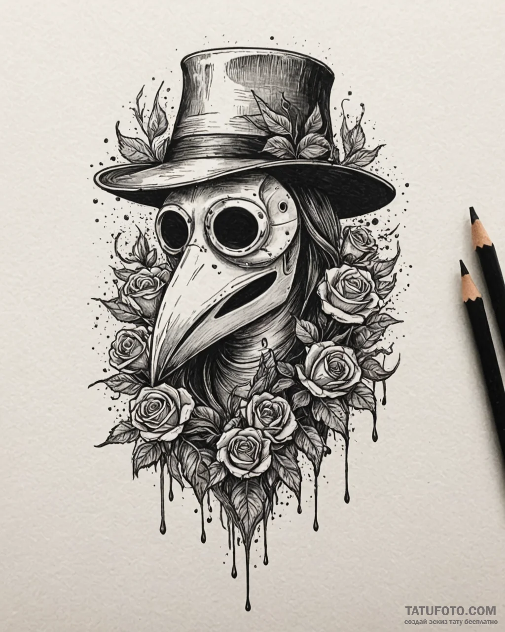 Plague doctor's mask filled with dried, black... - эскиз тату (№1753099733_0, 21.07.2025 12:08) — Tatufoto.com