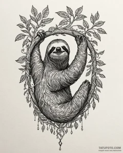 Sloth hanging from a branch of the world tree... - эскиз тату (№1753102256_0, 21.07.2025 12:50) — Tatufoto.com