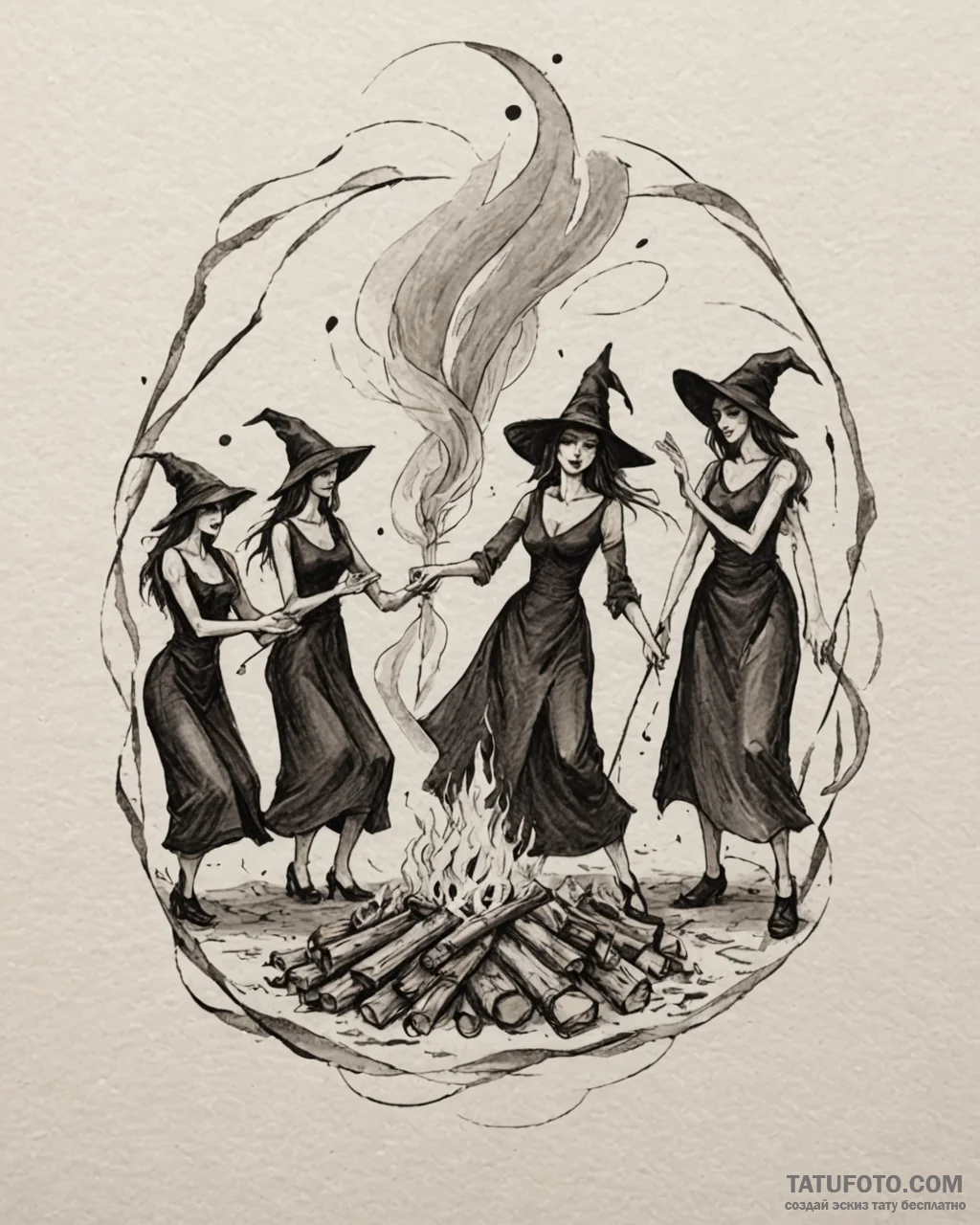A coven of witches around a fire, concept art... - эскиз тату (№1753102341_0, 21.07.2025 12:52) — Tatufoto.com