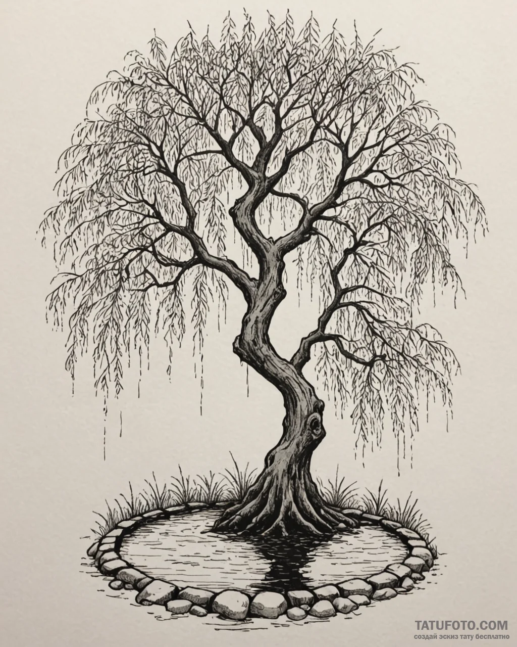 Weeping willow tree, its branches gently touc... - эскиз тату (№1753107420_0, 21.07.2025 14:17) — Tatufoto.com