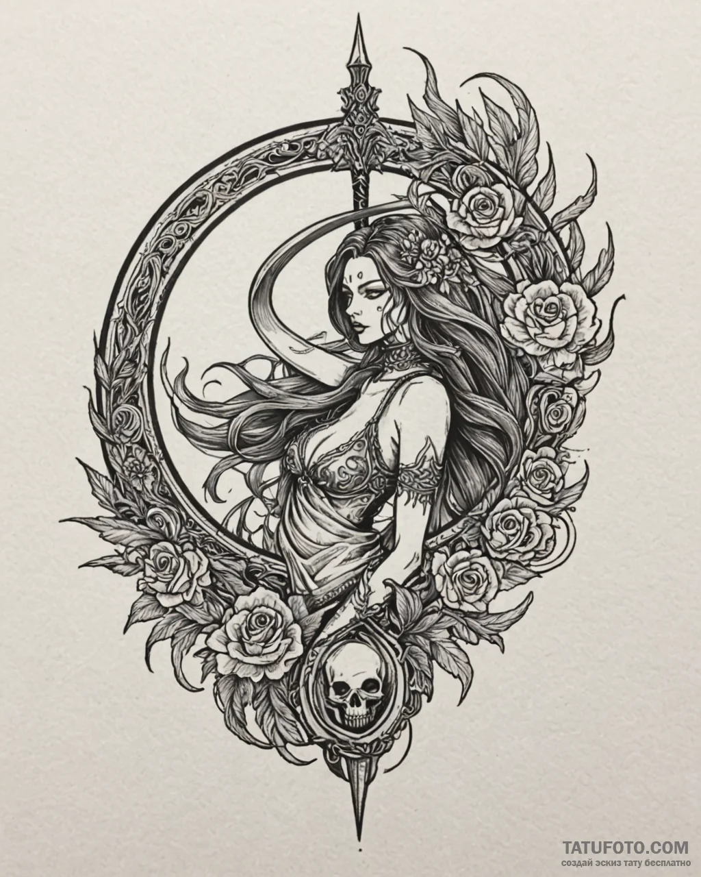 Scythe, tattoo line art, on a clean white pap... - эскиз тату (№1753108606_0, 21.07.2025 14:36) — Tatufoto.com