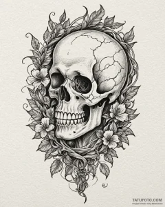 Black ivy twisting around skull, tattoo flash... - эскиз тату (№1753109372_0, 21.07.2025 14:49) — Tatufoto.com