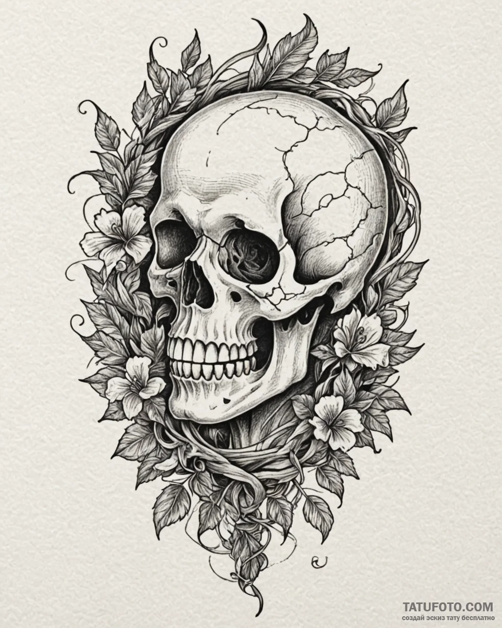 Black ivy twisting around skull, tattoo flash... - эскиз тату (№1753109372_0, 21.07.2025 14:49) — Tatufoto.com