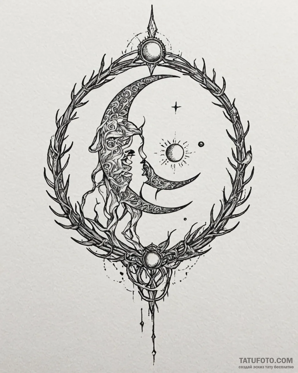 Moon crown entwined with thorns, tattoo drawi... - эскиз тату (№1753109627_0, 21.07.2025 14:53) — Tatufoto.com