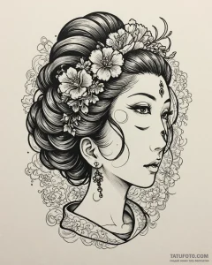 Jade comb in a geisha's hair, tattoo flash sh... - эскиз тату (№1753109796_0, 21.07.2025 14:56) — Tatufoto.com
