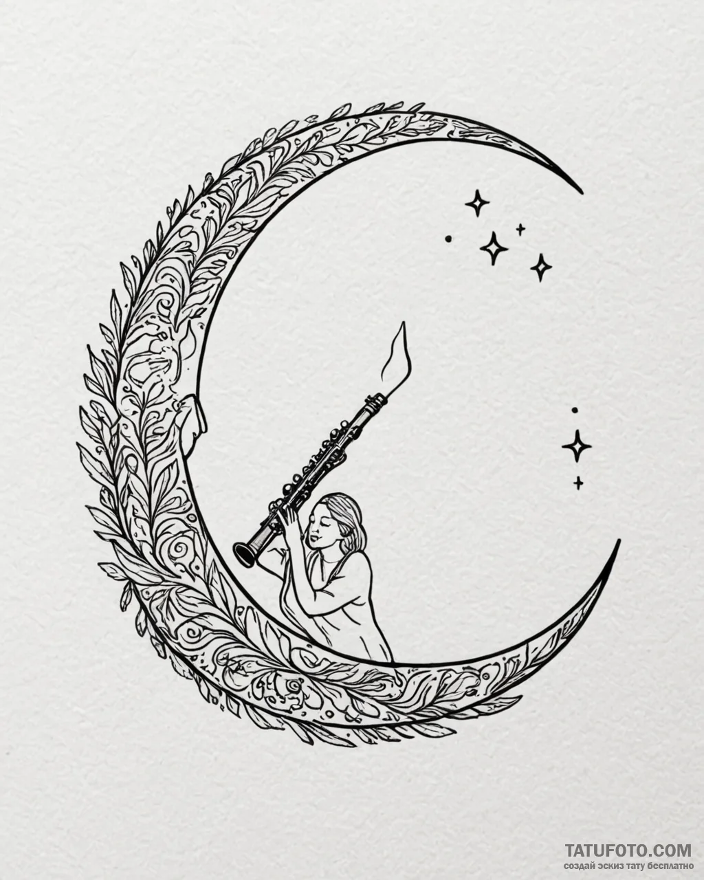 Oak flute singing to crescent moon, ink illus... - эскиз тату (№1753109881_0, 21.07.2025 14:58) — Tatufoto.com