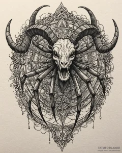Spider spinning a web between a ram's horns,... - эскиз тату (№1753110474_0, 21.07.2025 15:07) — Tatufoto.com