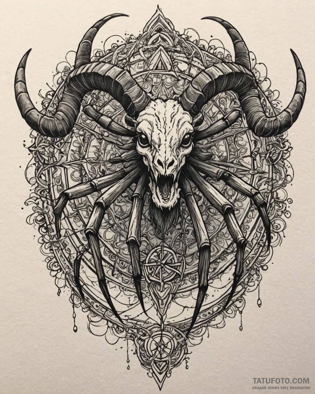 Spider spinning a web between a ram's horns,... - эскиз тату (№1753110474_0, 21.07.2025 15:07) — Tatufoto.com