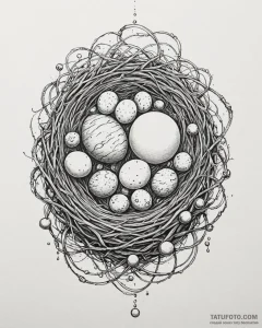 A bird's nest holding planets instead of eggs... - эскиз тату (№1753110728_0, 21.07.2025 15:12) — Tatufoto.com