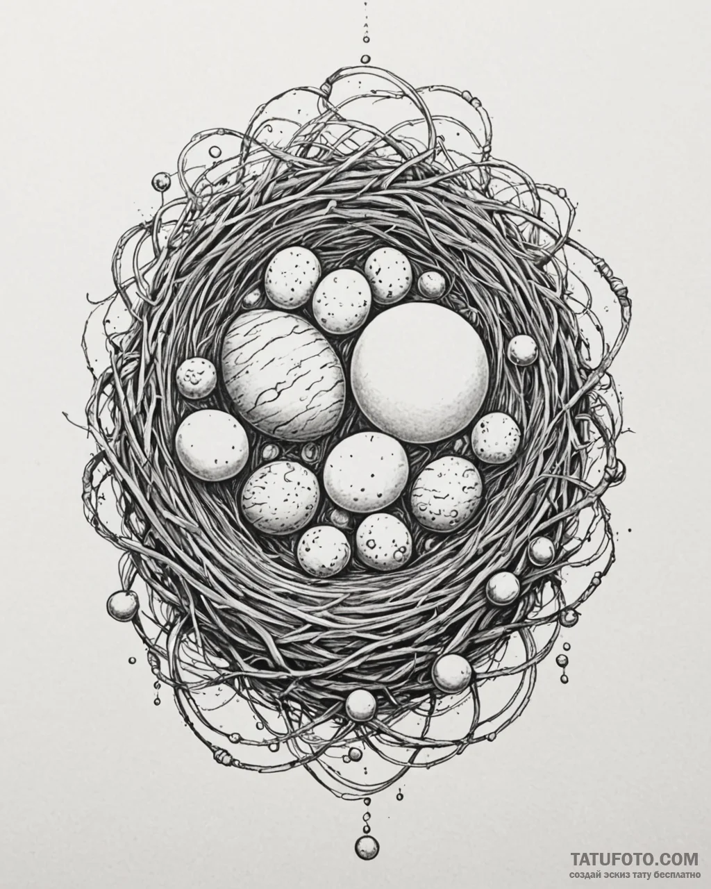 A bird’s nest holding planets instead of eggs… — эскиз тату (№1753110728_0, 21.07.2025 15:12) — Tatufoto.com