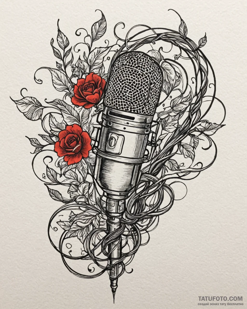 Karaoke mic with vines and stars, tattoo line... - эскиз тату (№1753111150_0, 21.07.2025 15:19) — Tatufoto.com
