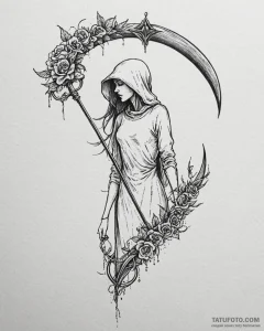 Ritual scythe beneath spectral veil, tattoo d... - эскиз тату (№1753111319_0, 21.07.2025 15:21) — Tatufoto.com