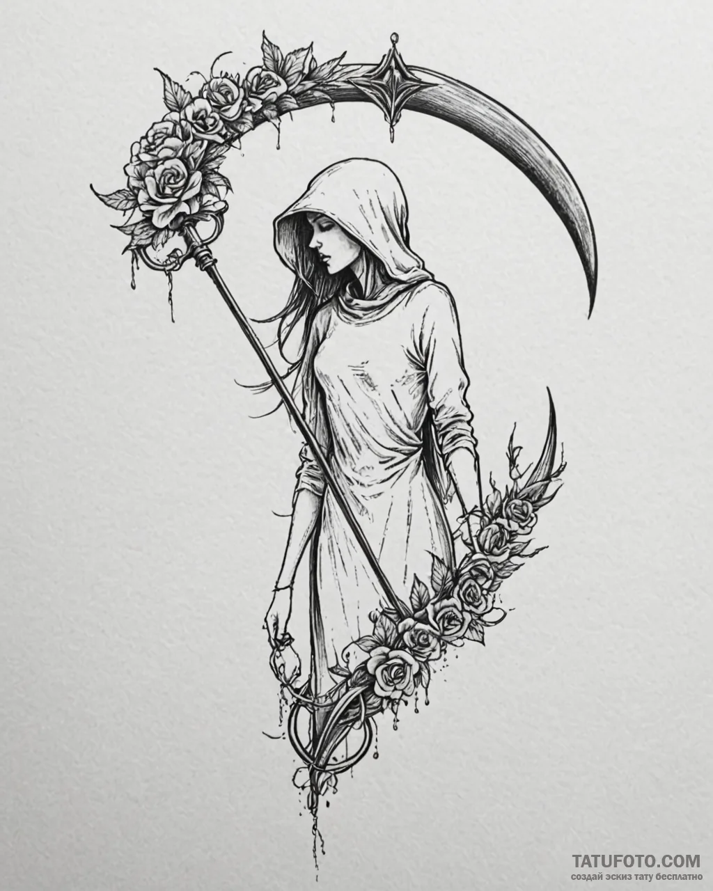 Ritual scythe beneath spectral veil, tattoo d... - эскиз тату (№1753111319_0, 21.07.2025 15:21) — Tatufoto.com