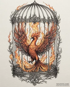 Burning phoenix trapped in cage, ink illustra... - эскиз тату (№1753112082_0, 21.07.2025 15:34) — Tatufoto.com