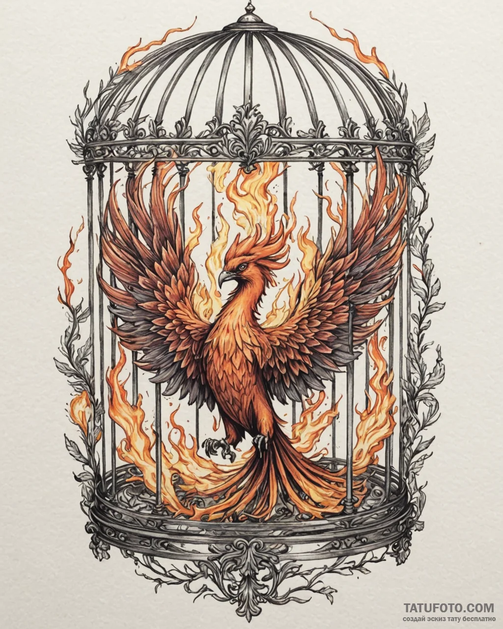 Burning phoenix trapped in cage, ink illustra... - эскиз тату (№1753112082_0, 21.07.2025 15:34) — Tatufoto.com