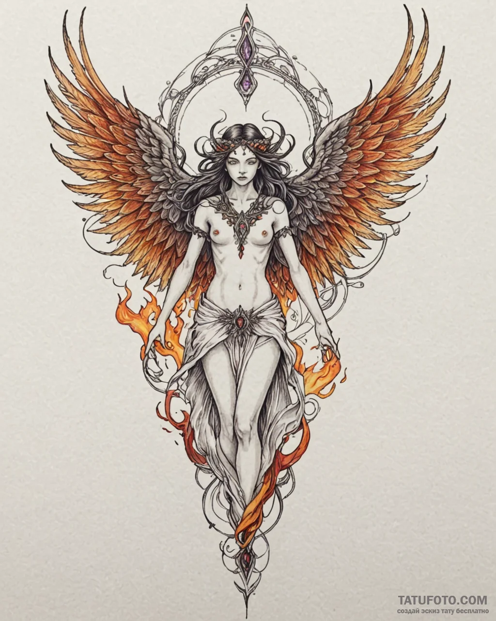 Nephilim with wings of shadow and fire, tatto... - эскиз тату (№1753112505_0, 21.07.2025 15:41) — Tatufoto.com