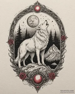 Spectral wolf beneath crimson moon, tattoo fl... - эскиз тату (№1753112844_0, 21.07.2025 15:47) — Tatufoto.com