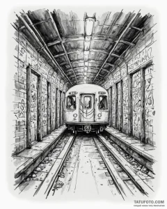 Subway car, graffiti-covered, speeding throug... - эскиз тату (№1753112929_0, 21.07.2025 15:48) — Tatufoto.com