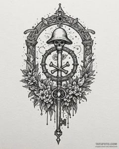 Bone key unlocking spectral gate, tattoo flas... - эскиз тату (№1753113523_0, 21.07.2025 15:58) — Tatufoto.com