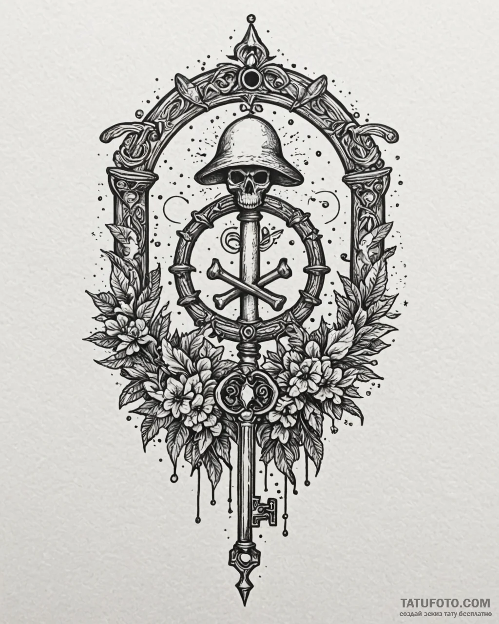 Bone key unlocking spectral gate, tattoo flas... - эскиз тату (№1753113523_0, 21.07.2025 15:58) — Tatufoto.com