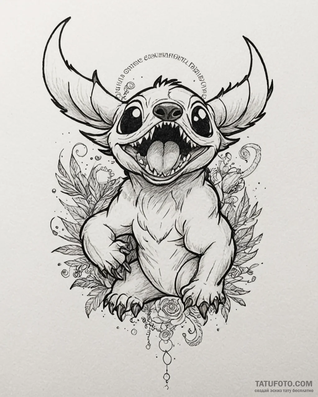 Tattoo sketch, stitch roaring playfully, wild... - эскиз тату (№1753114619_0, 21.07.2025 16:16) — Tatufoto.com