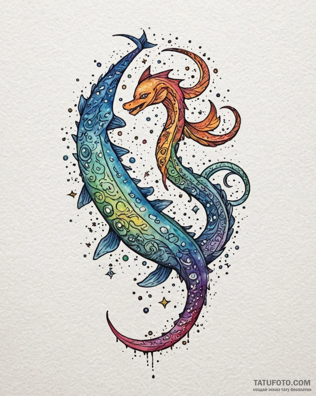 Tattoo sketch, sea monster tails sparkling wi… — эскиз тату (№1753114871_0, 21.07.2025 16:21) — Tatufoto.com