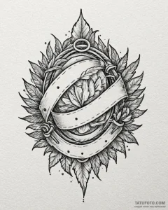Tattoo sketch, belt hiding behind leaves, cut... - эскиз тату (№1753115208_0, 21.07.2025 16:26) — Tatufoto.com