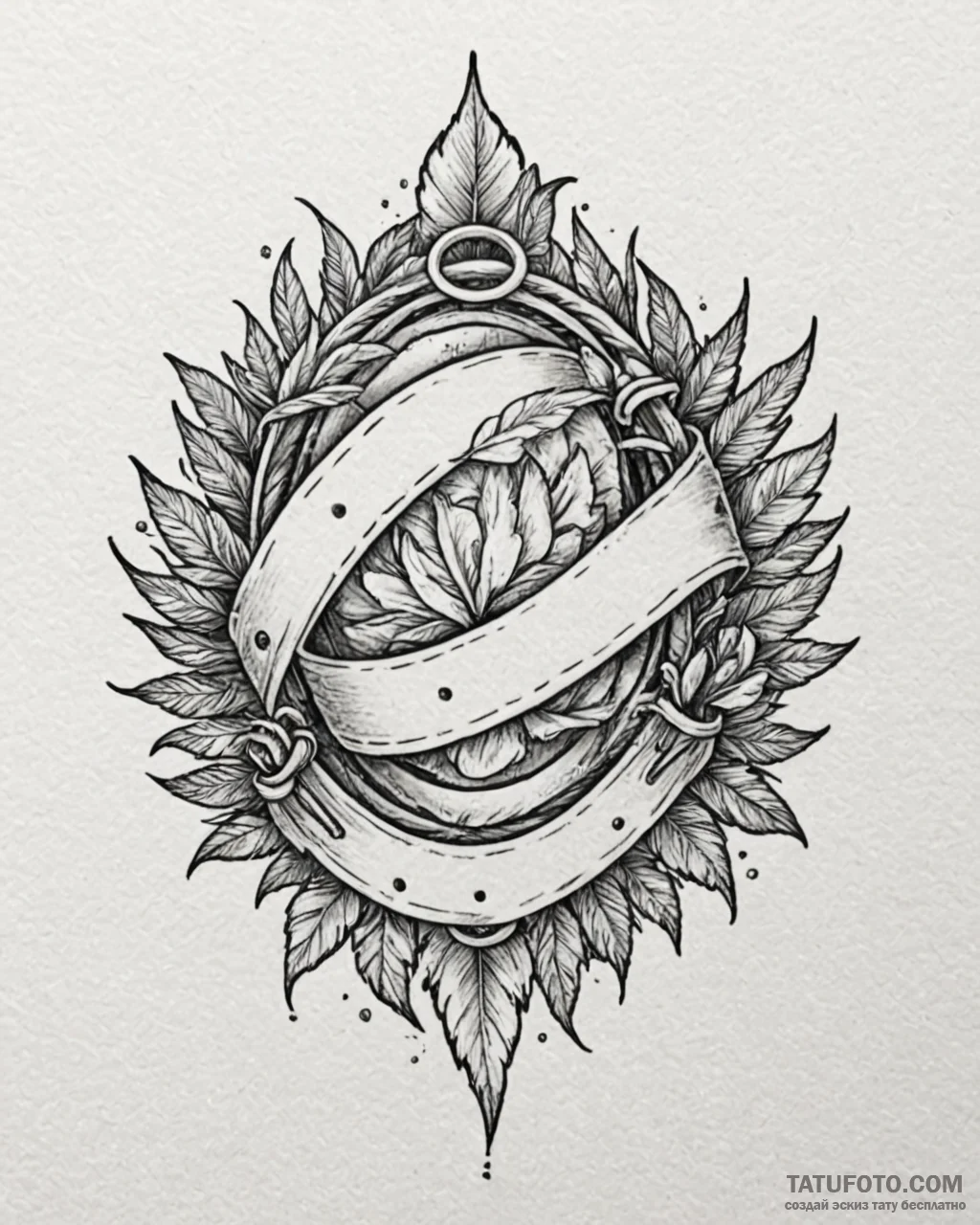 Tattoo sketch, belt hiding behind leaves, cut... - эскиз тату (№1753115208_0, 21.07.2025 16:26) — Tatufoto.com