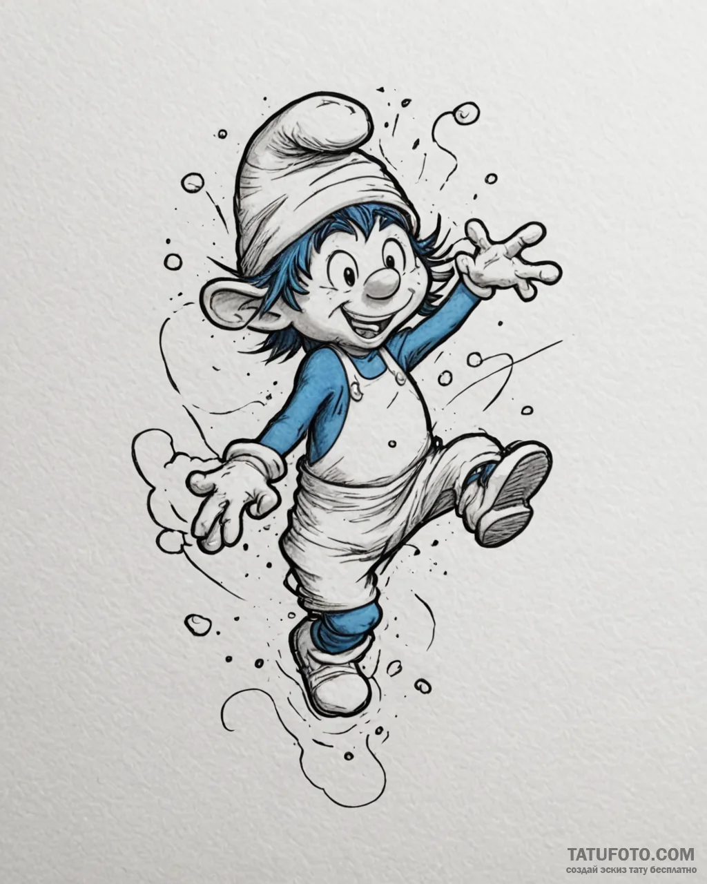 Tattoo sketch, clumsy smurf falling with play... - эскиз тату (№1753115293_0, 21.07.2025 16:28) — Tatufoto.com