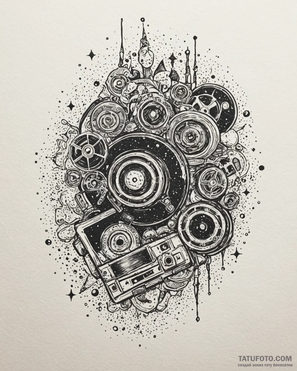 Tat tattoo sketch, cinephile with film reels… — эскиз тату (№1753115884_0, 21.07.2025 16:38) — Tatufoto.com