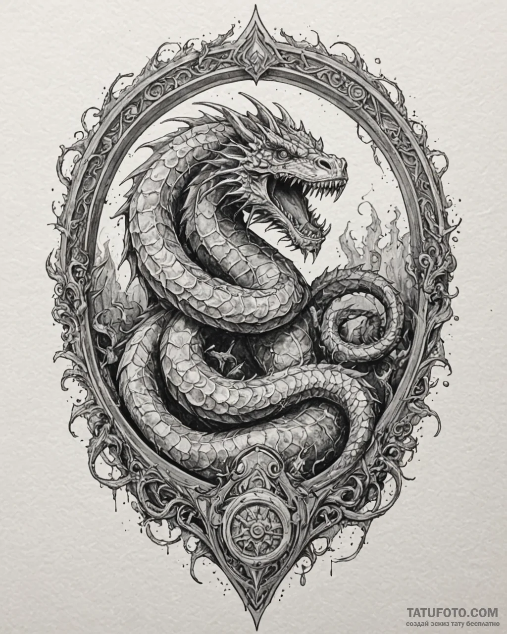 Tattoo sketch, basilisk coiling through gothi… — эскиз тату (№1753116647_0, 21.07.2025 16:50) — Tatufoto.com
