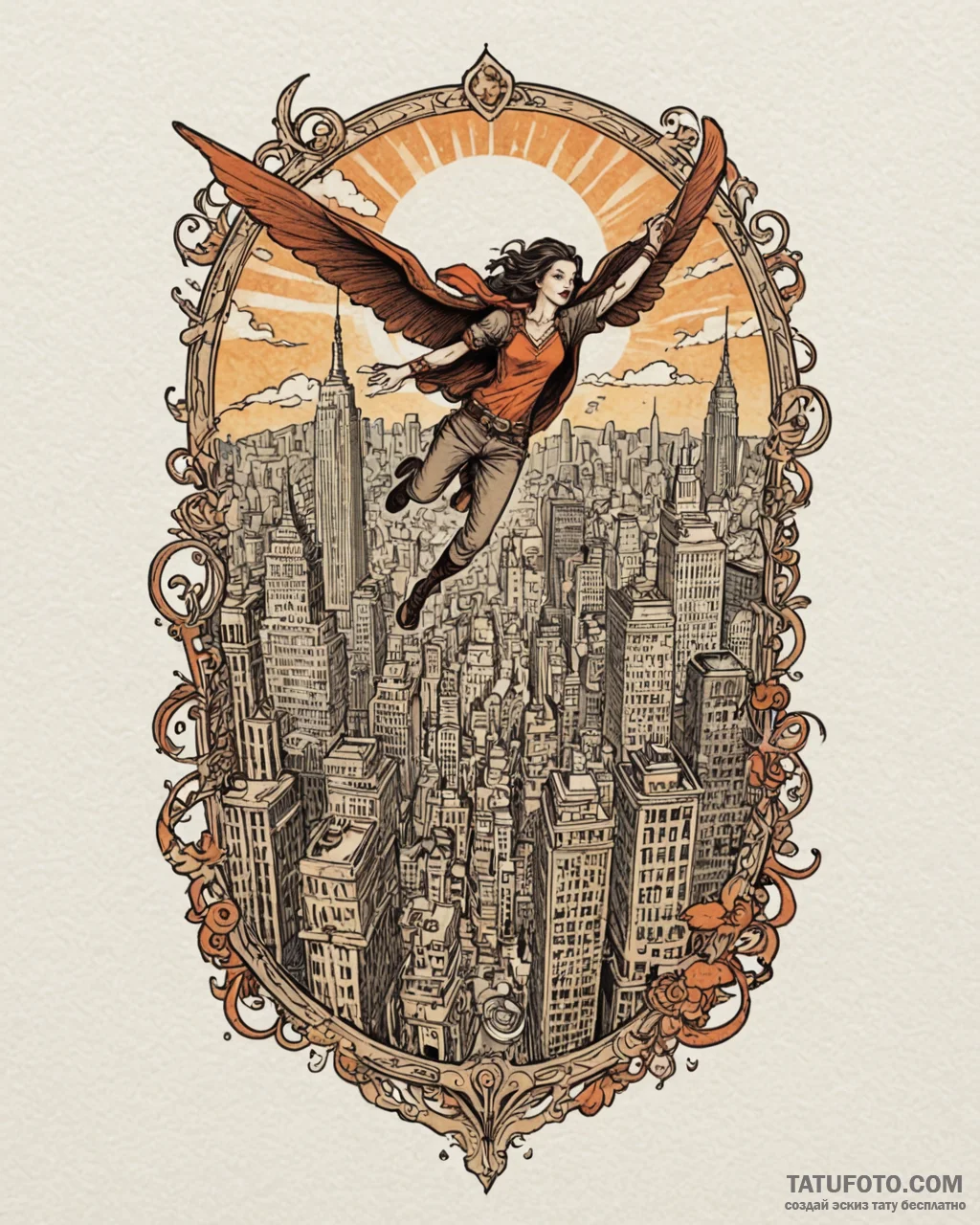 Tat tattoo sketch, comic book hero flying ove... - эскиз тату (№1753116985_0, 21.07.2025 16:56) — Tatufoto.com