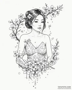 Tattoo sketch, mei lee surrounded by floating... - эскиз тату (№1753117070_0, 21.07.2025 16:57) — Tatufoto.com