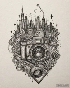 Tat tattoo sketch, camera lens reflecting cit... - эскиз тату (№1753117405_0, 21.07.2025 17:03) — Tatufoto.com