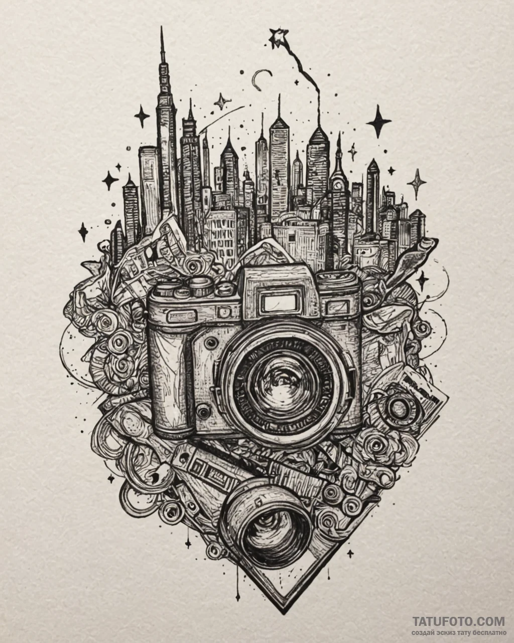 Tat tattoo sketch, camera lens reflecting cit... - эскиз тату (№1753117405_0, 21.07.2025 17:03) — Tatufoto.com