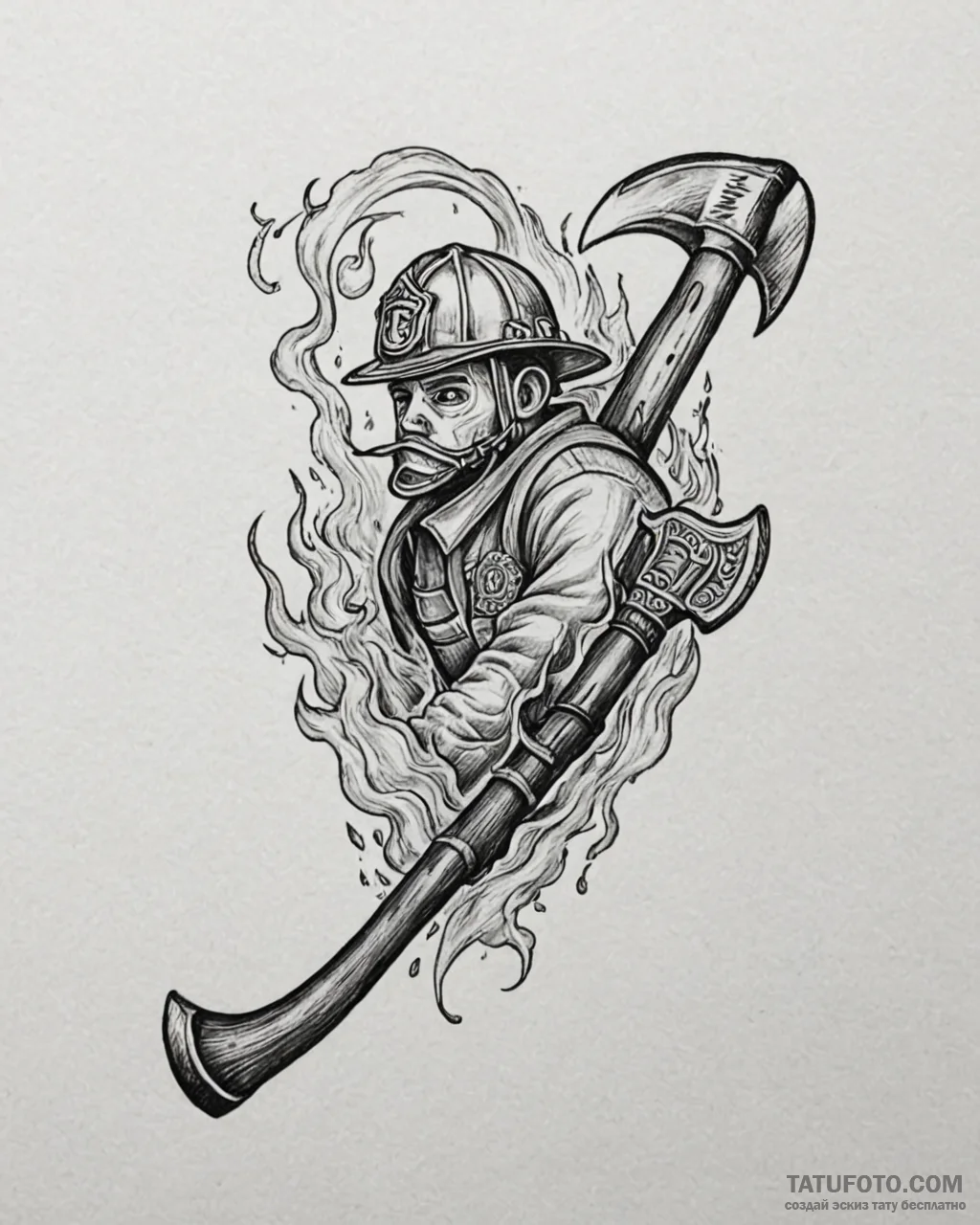 Tat tattoo sketch, firefighter’s axe with fla... - эскиз тату (№1753117831_0, 21.07.2025 17:10) — Tatufoto.com