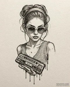 Tat tattoo sketch, retro lover with cassette... - эскиз тату (№1753118844_0, 21.07.2025 17:27) — Tatufoto.com