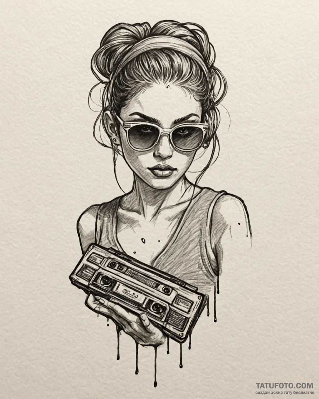 Tat tattoo sketch, retro lover with cassette… — эскиз тату (№1753118844_0, 21.07.2025 17:27) — Tatufoto.com