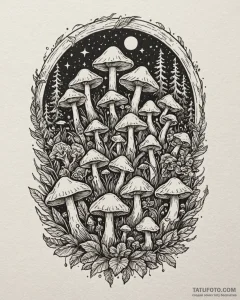 Tat tattoo sketch, glowing magical mushrooms... - эскиз тату (№1753119694_0, 21.07.2025 17:41) — Tatufoto.com