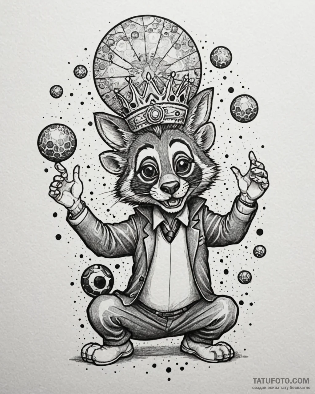 Eskiz.to, tattoo sketch, king julien partying… — эскиз тату (№1753120442_0, 21.07.2025 17:54) — Tatufoto.com